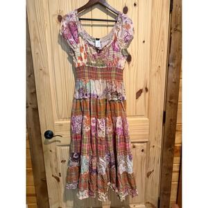 Bila Womens Small Patchwork Cotton Midi Dress Boho Tiered Floral Plaid Smocked